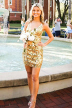 Mirror Golden Spaghetti Straps Tight Short Homecoming Dress Bmbride