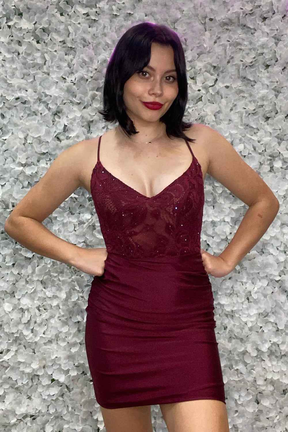 Sparkly Beaded Burgundy Spaghetti Straps Tight Short Homecoming Dress Bmbride
