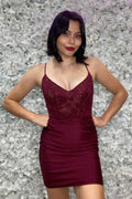 Sparkly Beaded Burgundy Spaghetti Straps Tight Short Homecoming Dress Bmbride