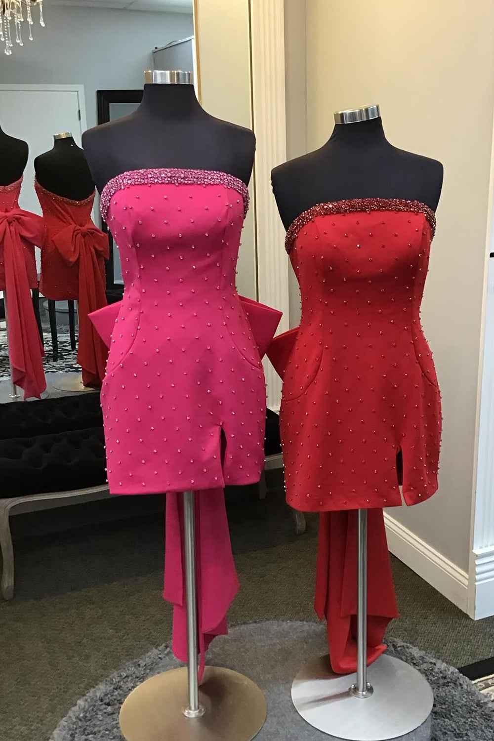 Glitter Fuchsia Beaded Strapless Bodycon Short Homecoming Dress With Bow Bmbride