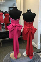 Glitter Fuchsia Beaded Strapless Bodycon Short Homecoming Dress With Bow Bmbride