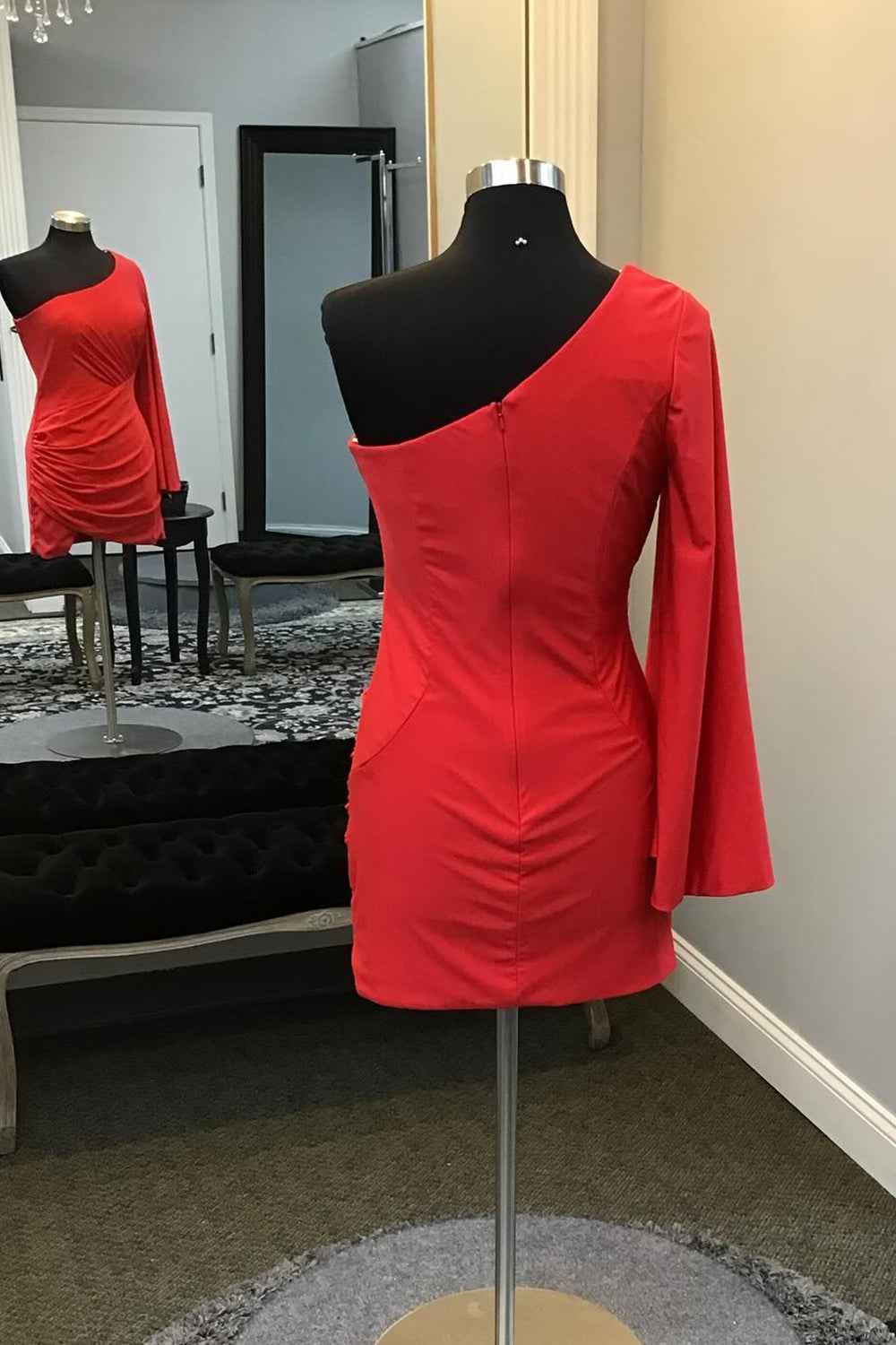 Red One Shoulder Long Sleeves Tight Short Homecoming Dress Bmbride