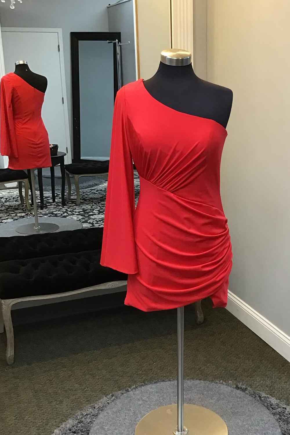 Red One Shoulder Long Sleeves Tight Short Homecoming Dress Bmbride