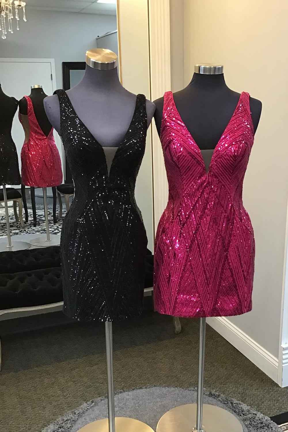 Sparkly Black Sequins V-Neck Tight Short Homecoming Dress Bmbride