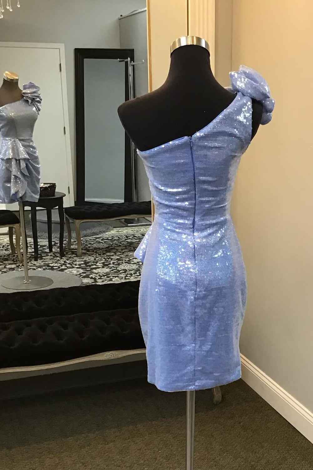Glitter Blue Sequins One Shoulder Tiered Homecoming Dress Bmbride