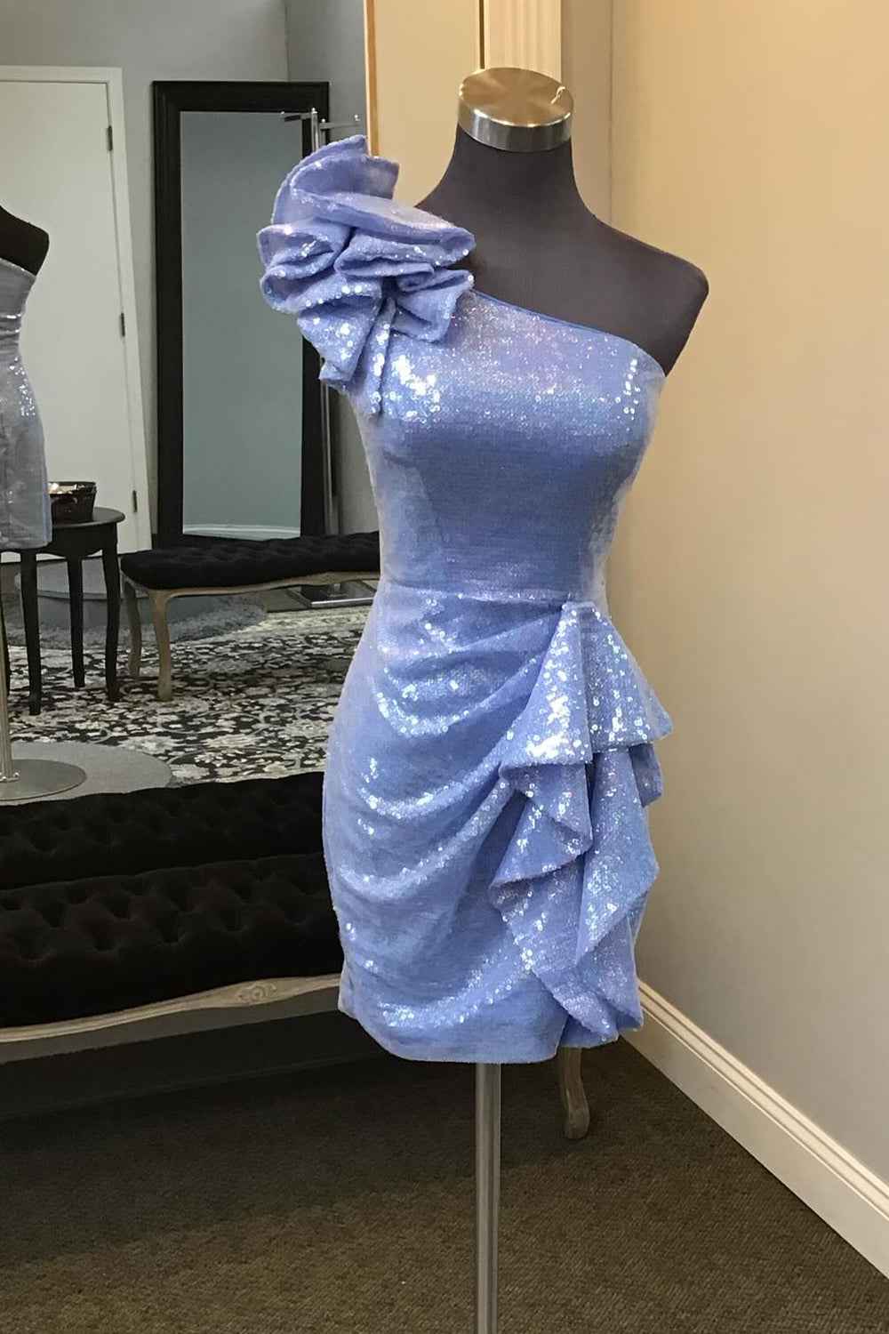 Glitter Blue Sequins One Shoulder Tiered Homecoming Dress Bmbride