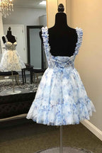Blue Corset A Line Floral Printed Short Homecoming Dress
