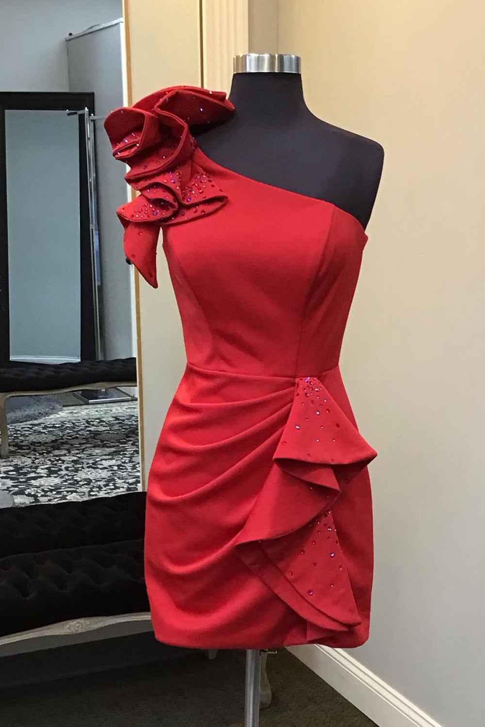 Glitter Red One Shoulder Tiered Homecoming Dress With Beadings Bmbride