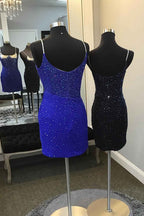 Glitter Royal Blue Spaghetti Straps Tight Short Homecoming Dress With Beadings Bmbride
