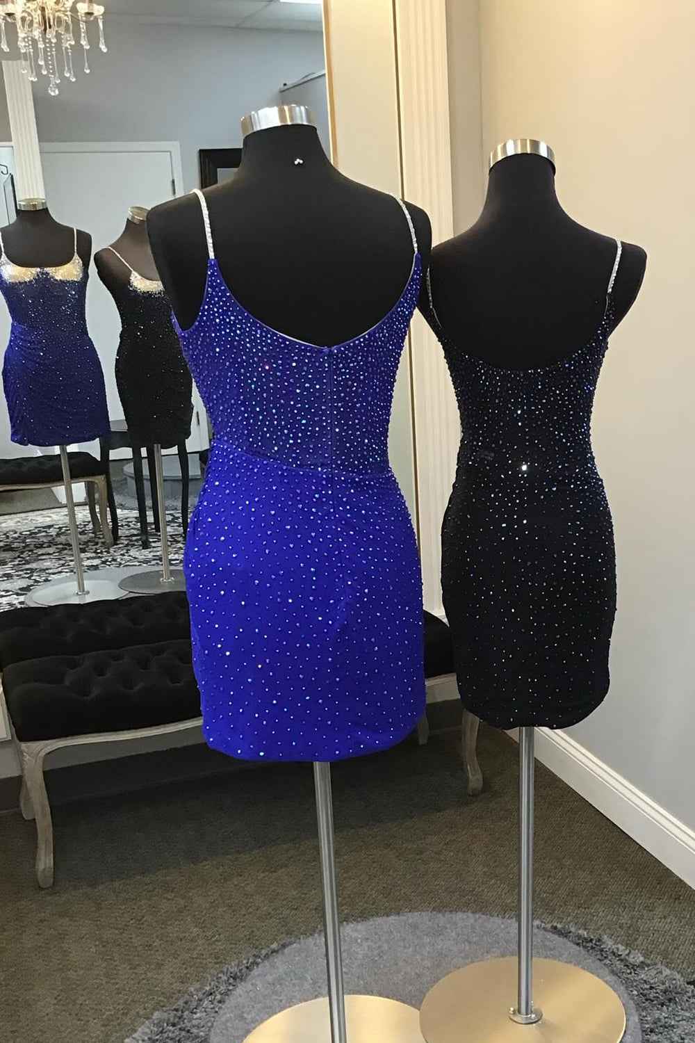 Glitter Royal Blue Spaghetti Straps Tight Short Homecoming Dress With Beadings Bmbride