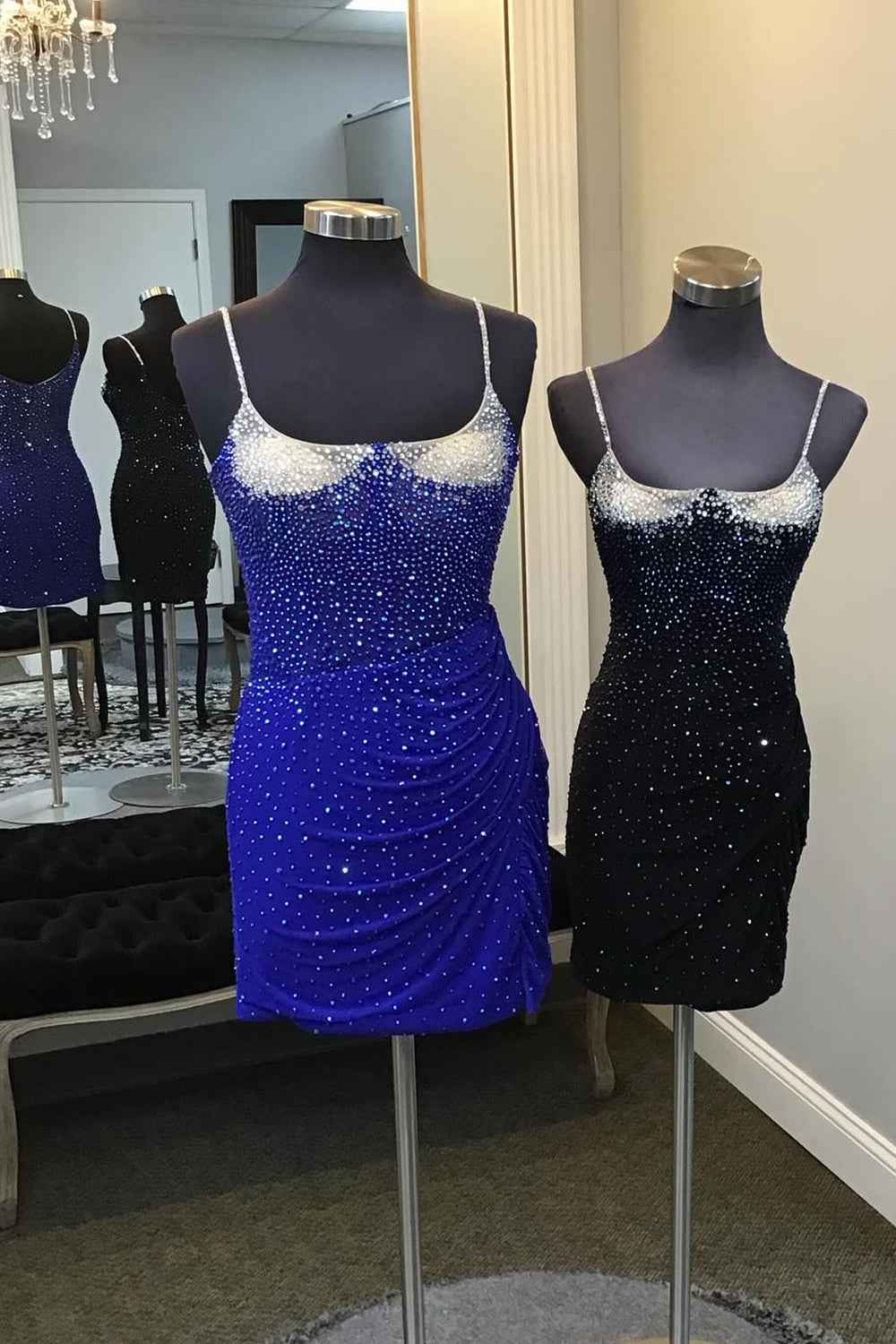 Glitter Royal Blue Spaghetti Straps Tight Short Homecoming Dress With Beadings Bmbride