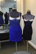 Glitter Royal Blue Spaghetti Straps Tight Short Homecoming Dress With Beadings Bmbride