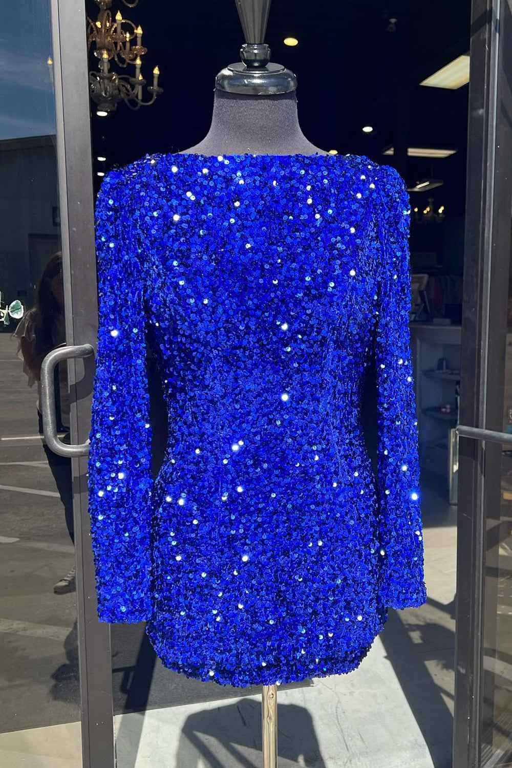 Sparkly Royal Blue Sequins Backless Short Homecoming Dress With Long Sleeves
