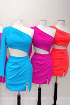 Red One Shoulder Bodycon Short Homecoming Dress With Slit