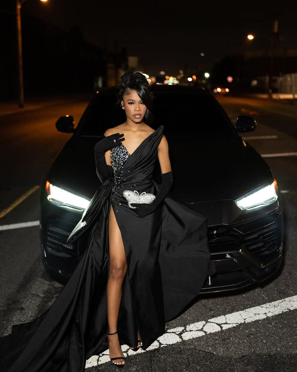 Black Sequin Strapless Prom Dress with Long Slit Pleated BM bride