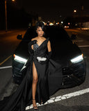 Black Sequin Strapless Prom Dress with Long Slit Pleated BM bride