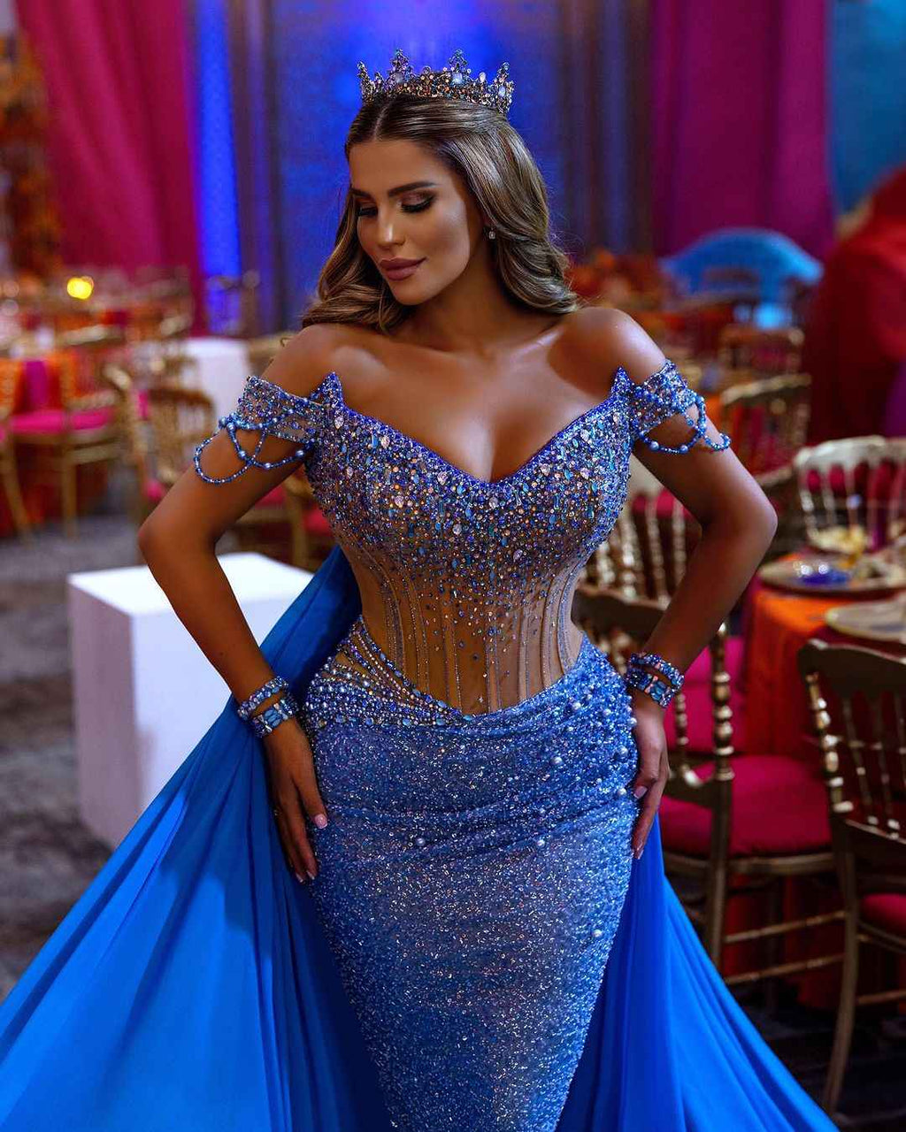 Heavy Off the Shoulder Mermaid Prom Dress Sequins Beading V Neck