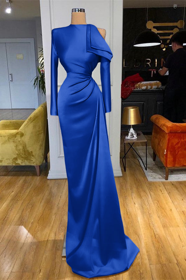 Charming High Neck Champagne Prom Dress Mermaid Long Sleeves With Pleated BMBRIDE