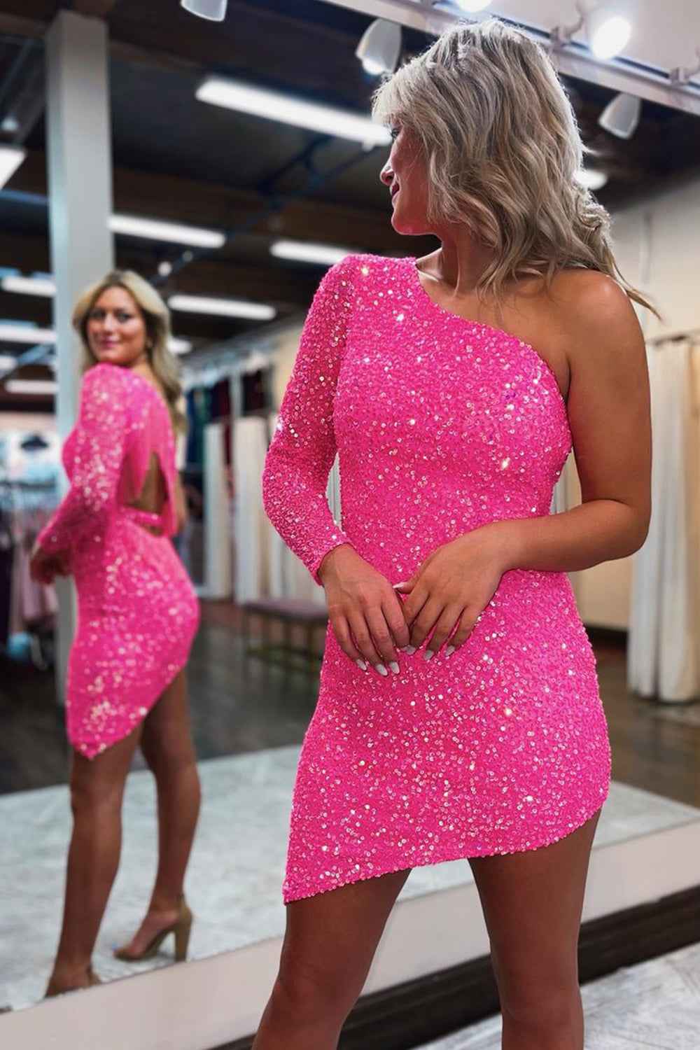 Sparkly Hot Pink One Shoulder One Sleeve Tight Homecoming Dress with Fringes Bmbride