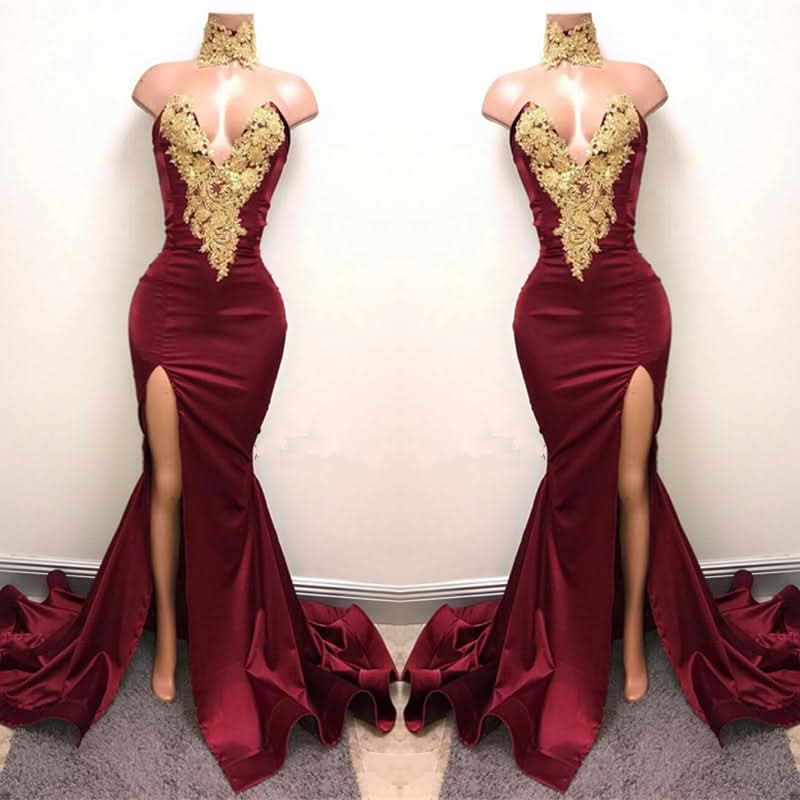 Burgundy V-Neck Mermaid Prom Dress with Split and Lace Appliques BM bride