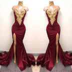 Burgundy V-Neck Mermaid Prom Dress with Split and Lace Appliques BM bride