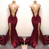 Burgundy V-Neck Mermaid Prom Dress with Split and Lace Appliques BM bride