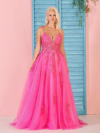 Beautiful A-Line V Neck Pink Lace Long Prom Dress BM bride