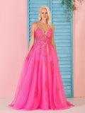 Beautiful A-Line V Neck Pink Lace Long Prom Dress BM bride