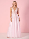 Elegant A-Line V-Neck Tulle Floor-Length Prom Dress with Lace Appliques BM bride