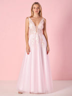 Elegant A-Line V-Neck Tulle Floor-Length Prom Dress with Lace Appliques BM bride