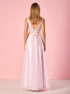 Elegant A-Line V-Neck Tulle Floor-Length Prom Dress with Lace Appliques BM bride
