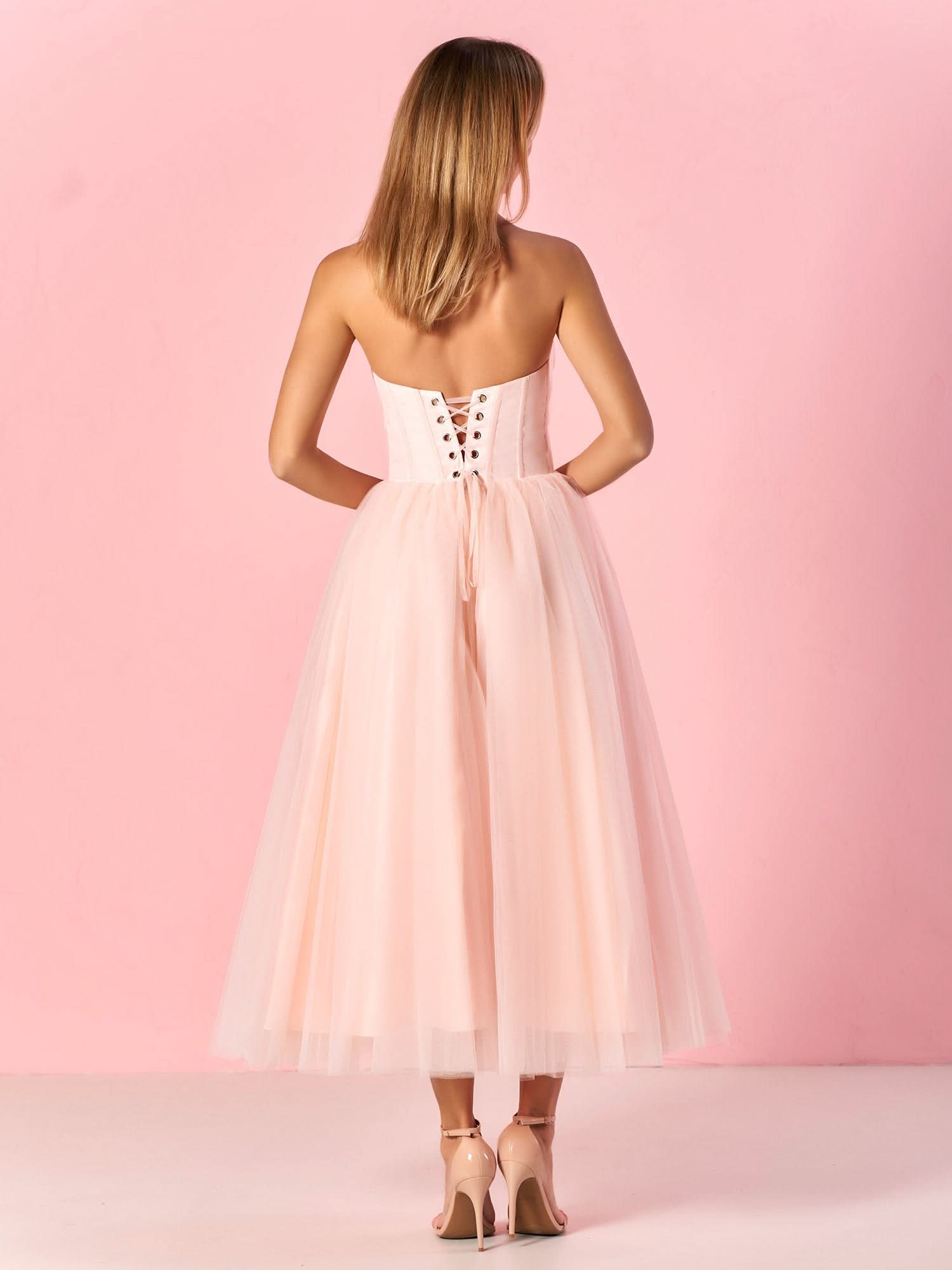 Stylish Strapless Puffy Midi Tulle Dress BM bride