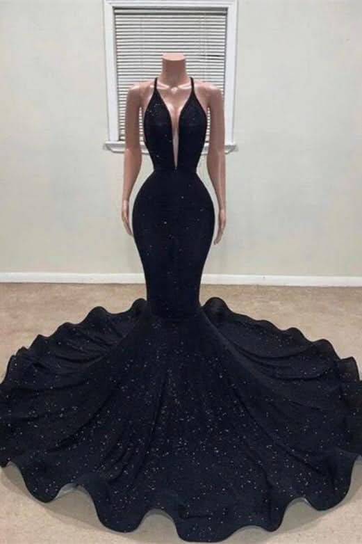 Black Halter Mermaid Prom Dress with Sequins BM bride