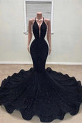 Black Halter Mermaid Prom Dress with Sequins BM bride