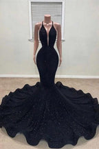 Black Halter Mermaid Prom Dress with Sequins BM bride