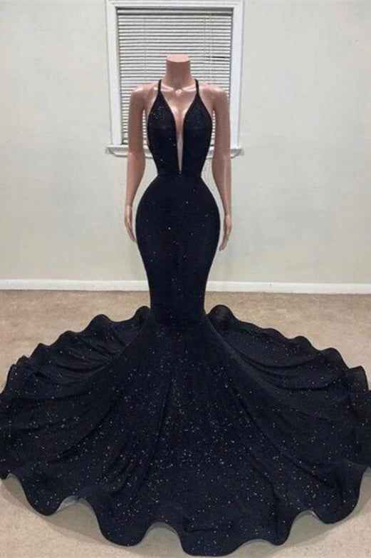 Black Sleeveless Deep V Neck Long Mermaid Halter Prom Dress With Sequins