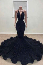 Black Sleeveless Deep V Neck Long Mermaid Halter Prom Dress With Sequins