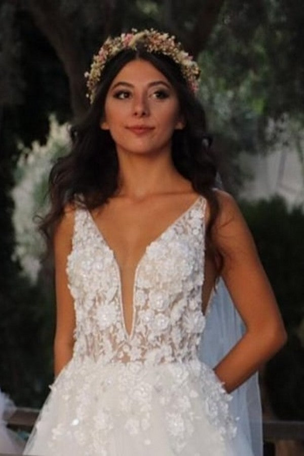 Gorgeous Long A-line V-neck Wedding Dress Tulle Lace With Appliques BM bride