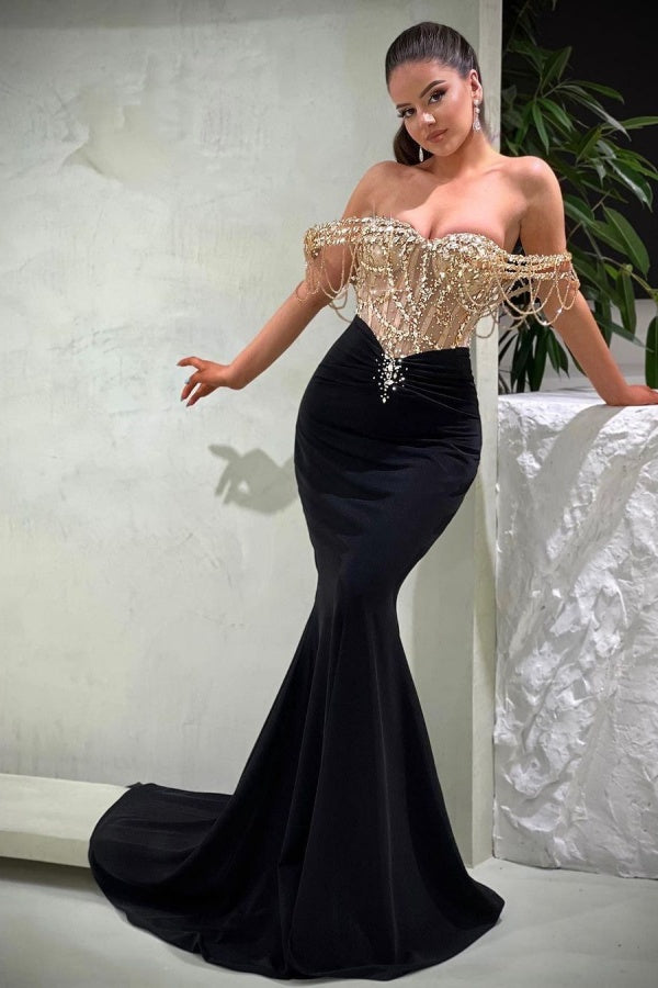 Black Sequin Mermaid Prom Dress Off The Shoulder Strapless Beaded Gown BM bride