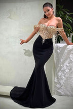 Black Sequin Mermaid Prom Dress Off The Shoulder Strapless Beaded Gown BM bride