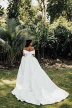 White V-Neck Off-the-Shoulder Ball Gown Wedding Dress with Lace BM bride