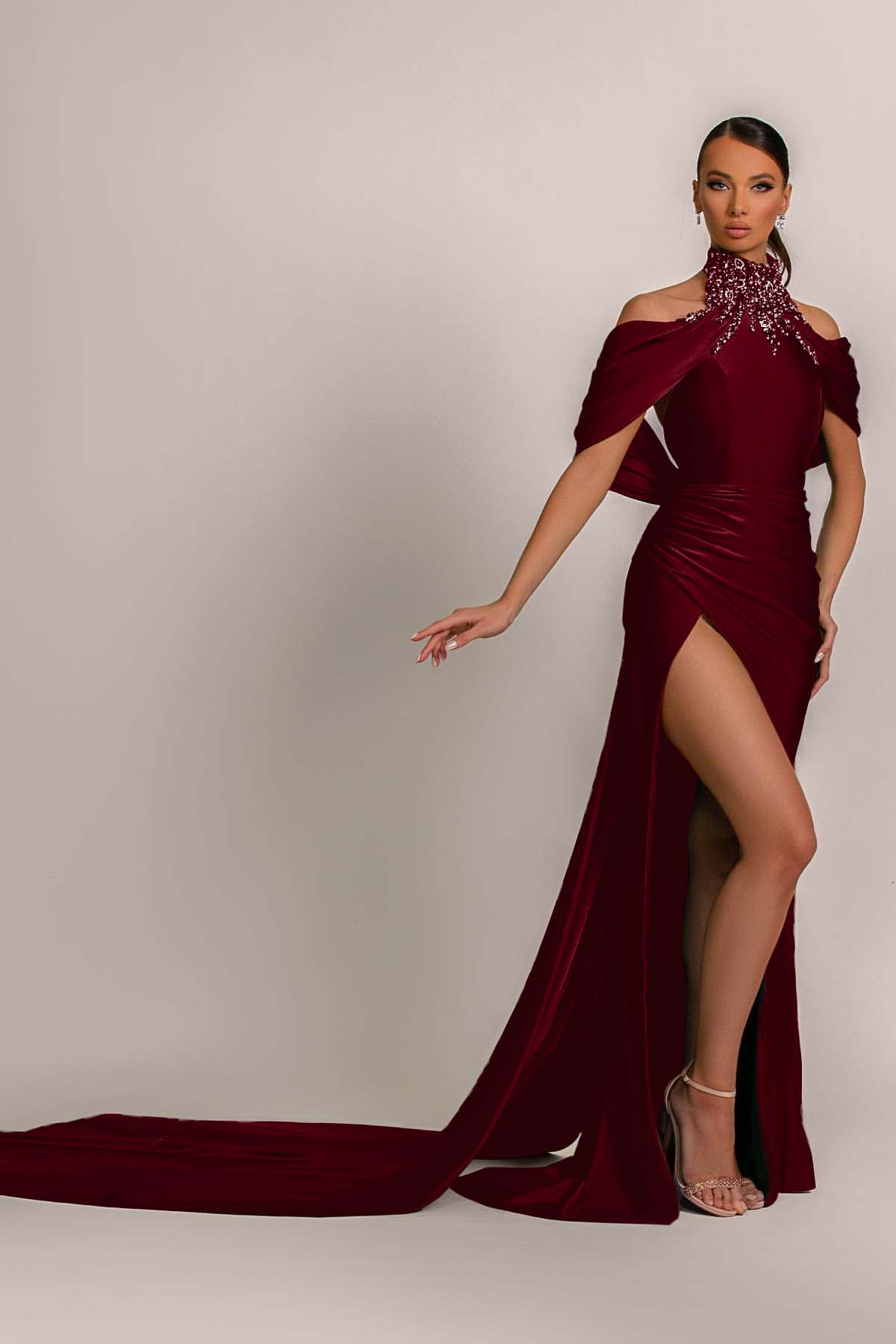 Green High Neck Pleated Mermaid Prom Dress Halter With Appliques BMBRIDE