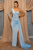 Sky Blue One-Shoulder Long Sleeve Sweetheart Sequin Mermaid Evening Dress with Split BM bride