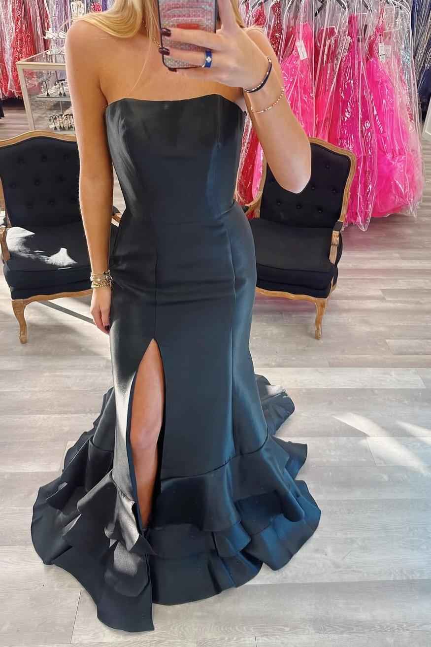 Strapless Sleeveless Long Front Split Prom Dress With Ruffles