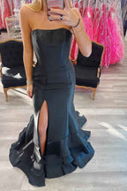 Strapless Sleeveless Long Front Split Prom Dress With Ruffles