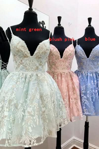 Sweet A-Line Spaghetti Straps Short Lace Homecoming Dress BM bride