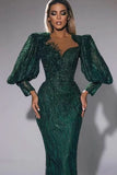 Dark Green Sweetheart Mermaid Evening Dress Long Sleeves with Sequins BM bride