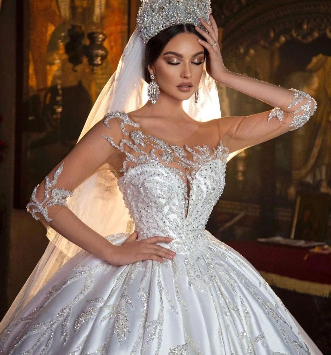 Gorgeous Long Princess Sweetheart Satin Wedding Dress with Sleeves BM bride