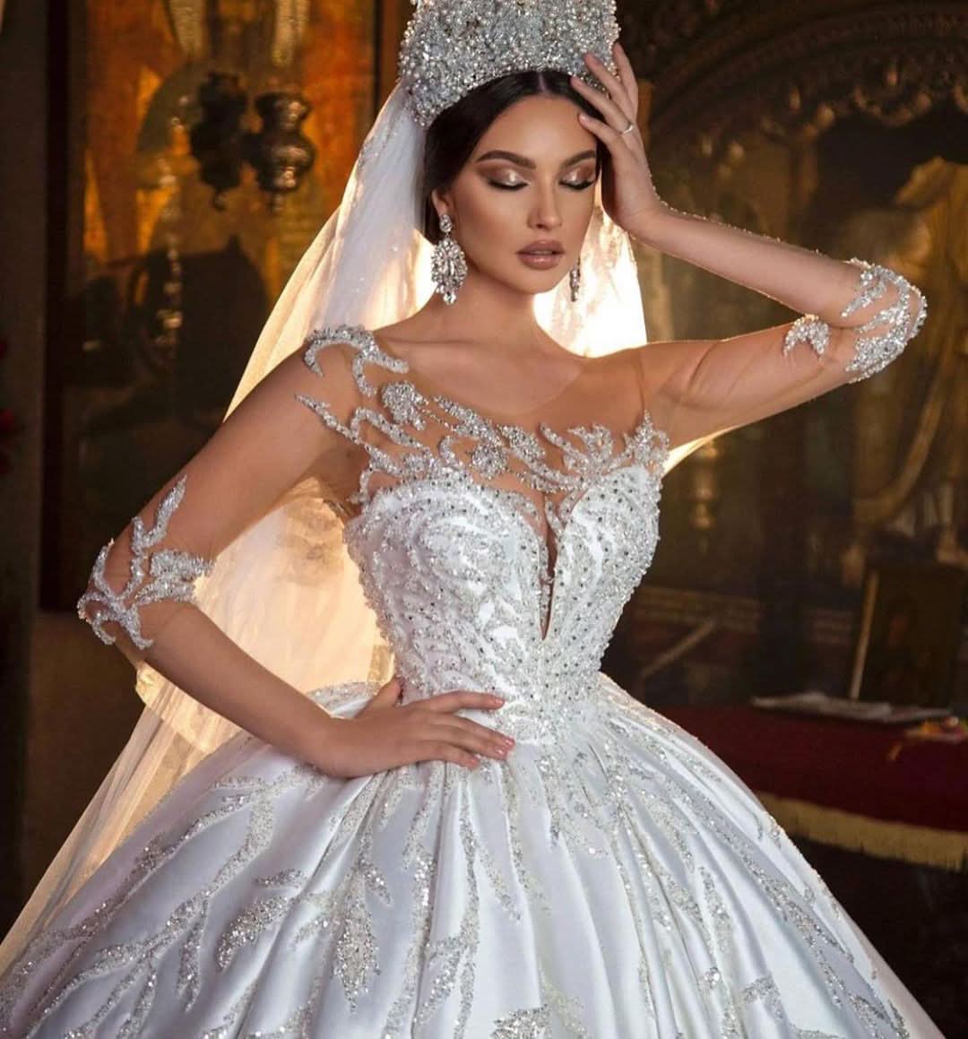 Gorgeous Long Princess Sweetheart Satin Wedding Dress with Sleeves BM bride