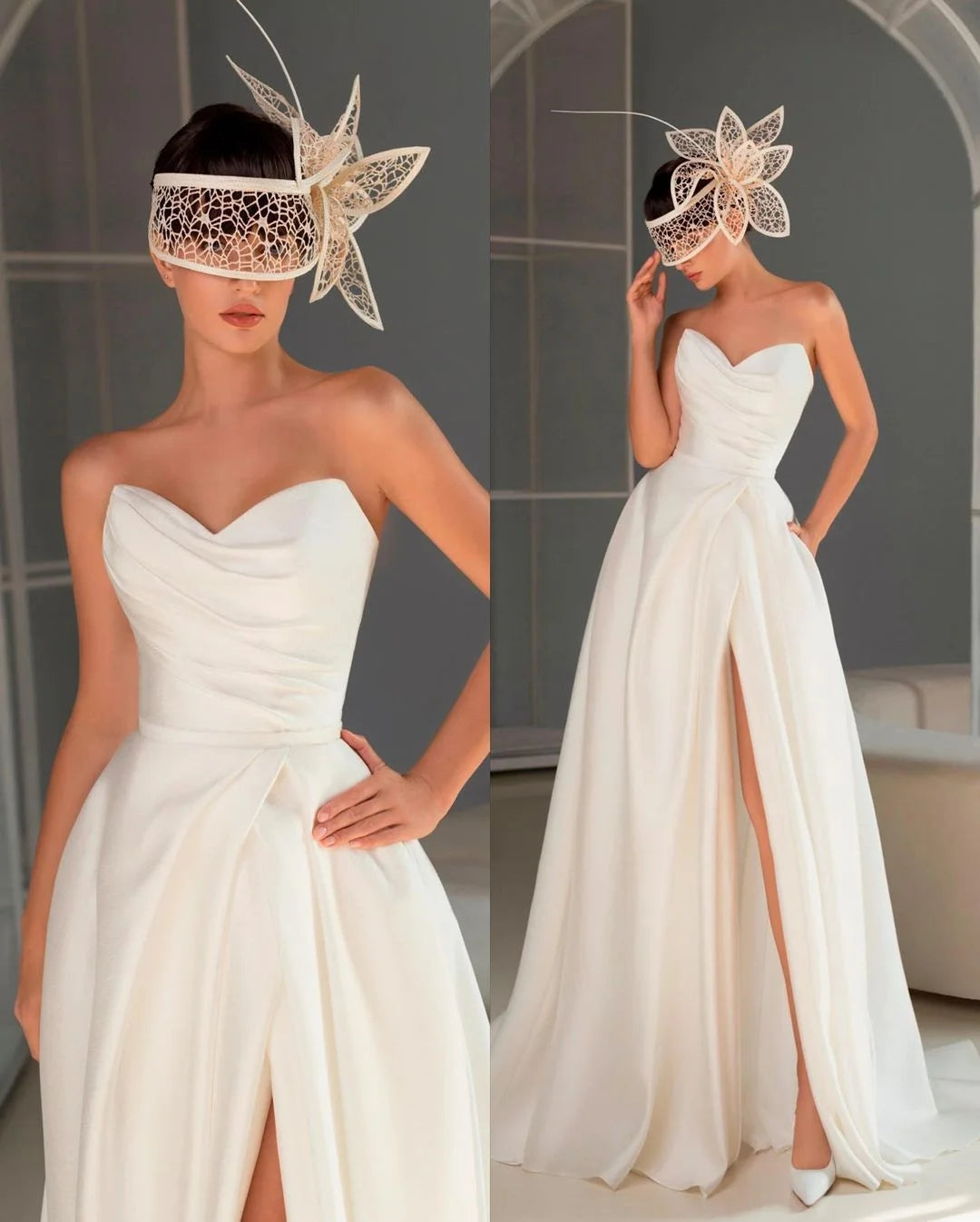 Elegant Strapless Pleated Prom Dress, Chic Split Long BM bride
